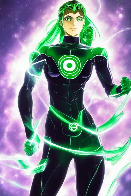 Image similar to anime key visual of a beautiful young female green lantern!! intricate, green and black suit, glowing, powers, dc comics, cinematic, stunning, highly detailed, digital painting, artstation, smooth, hard focus, illustration, art by artgerm and greg rutkowski and alphonse mucha