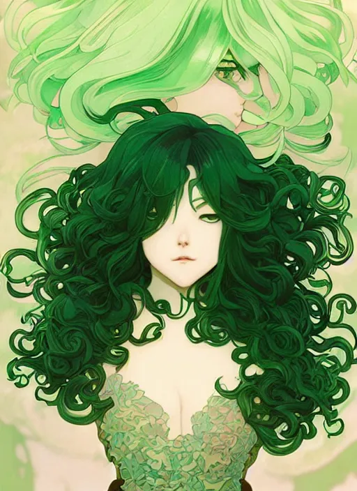 Image similar to detailed portrait art of tatsumaki with green curly hair, art by ross tran ilya kuvshinov krenz cushart, by alphonse mucha, very detailed, intricate, digital anime art, sharp focus