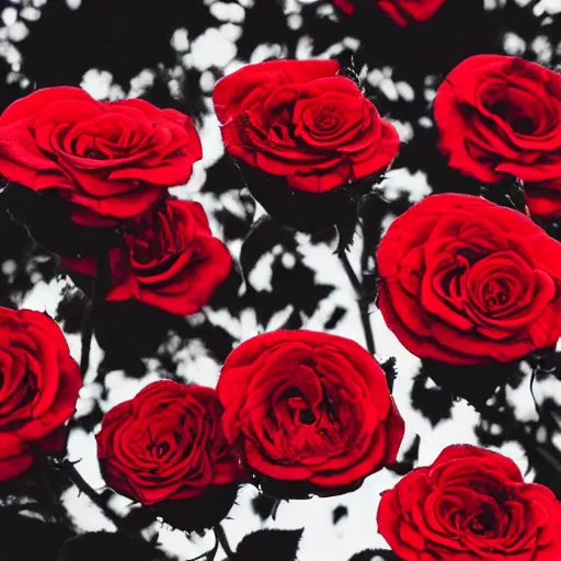 Prompt: black and red scorched roses, photography