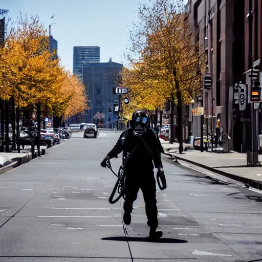 Image similar to man in a gasmask screaming walking down the streets of seattle, sunlight, sunny day, full shot