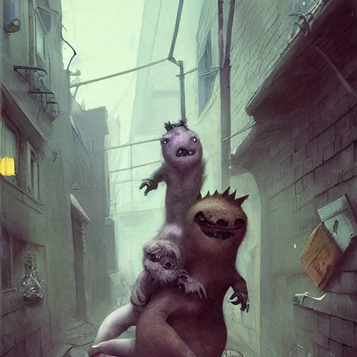 Image similar to little crazy monsters, furry creatures, monster emotional monsters and creatures in the city alleyway, wrestling each other in the style of Johfra and Shaun Tan, By Ruan Jia and Artgerm and Range Murata and WLOP and Ross Tran and William-Adolphe Bouguereau and Beeple, Fantasy Illustration. award winning, Artstation, intricate details, realistic, Hyperdetailed, 8k resolution.