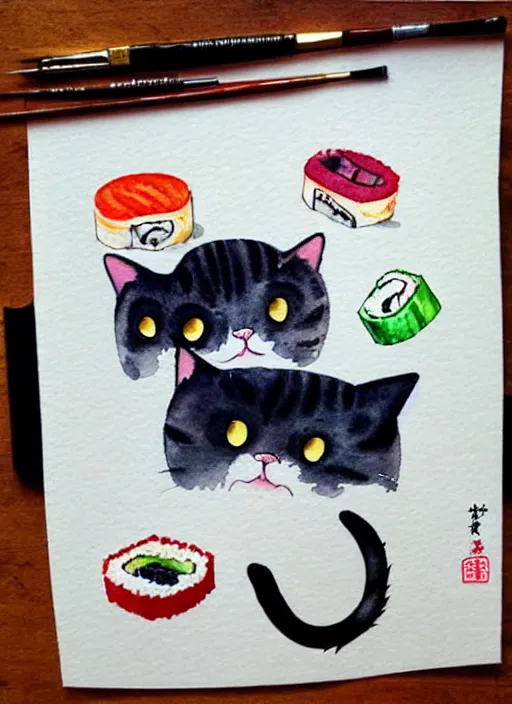 Image similar to cute cats and sushi watercolour