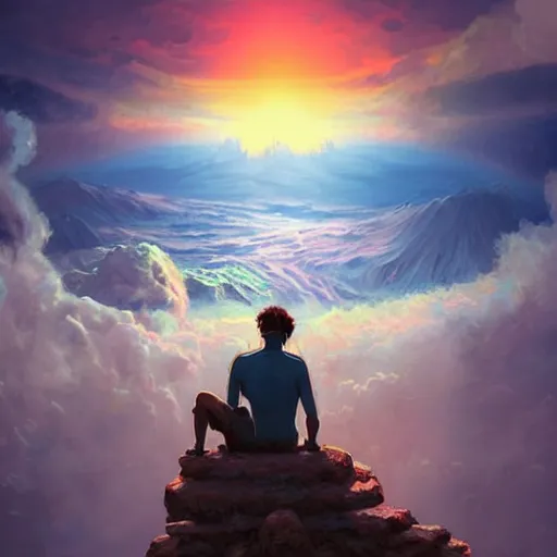 Image similar to colorful illustration of a man sitting on the plato hill and watching the end of the world apocalypse, by greg rutkowski, by artgerm