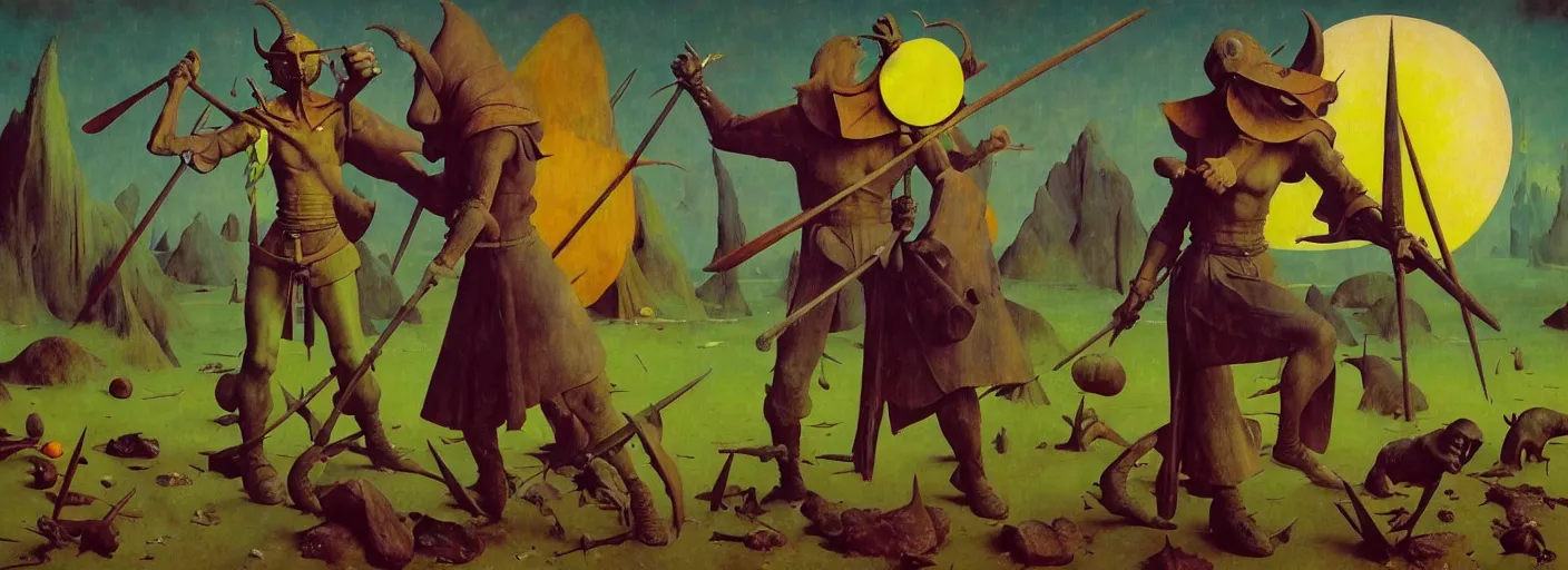 Prompt: full - body surreal colorful warrior rpg character concept art anatomy, action pose, very coherent and colorful high contrast masterpiece by norman rockwell franz sedlacek hieronymus bosch dean ellis simon stalenhag rene magritte gediminas pranckevicius, dark shadows, sunny day, hard lighting, reference sheet white! background