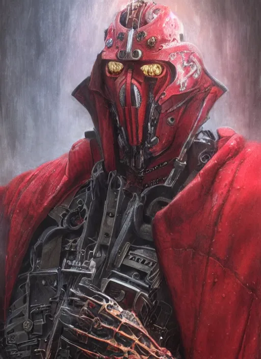 Image similar to portrait of rotten Nicolas Cage as adeptus mechanicus in red hood and robe from Warhammer 40000. Highly detailed, artstation, illustration by and John Blanche and zdislav beksinski and wayne barlowe