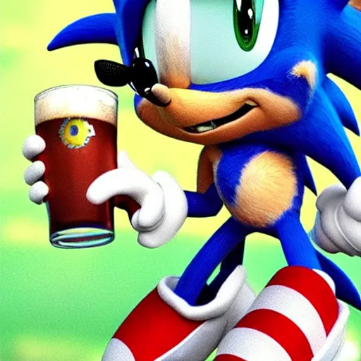 Image similar to photorealistic sonic the hedgehog drinking beer