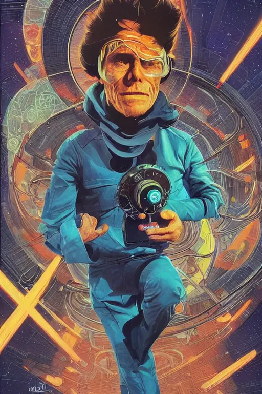 Image similar to Willem Dafoe as Rick Sanchez, science fiction, retro cover, high details, intricate details, by vincent di fate, artgerm julie bell beeple, inking, vintage 60s print, screen print