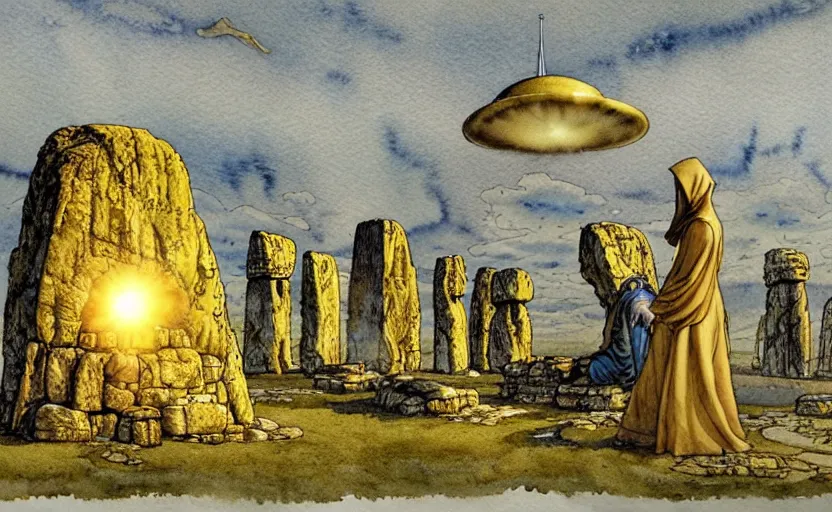 Prompt: a realistic and atmospheric watercolour fantasy concept art of a golden ufo landing on top of stonehenge. female medieval monk in grey robes kneeling with her hands by her sides. by rebecca guay, michael kaluta, charles vess and jean moebius giraud