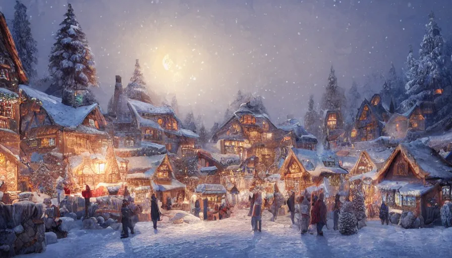 Prompt: Digital painting of a Nordic village decorated with lights built inside a snowy mountain, hyperdetailed, artstation, cgsociety, 8k