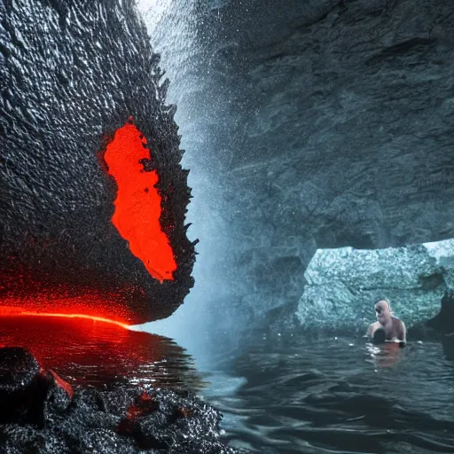 Image similar to head of necoark emerges from a lava lake, cave background, high detail, lava reflections, cave reflecting in the lava lake, dramatic shot