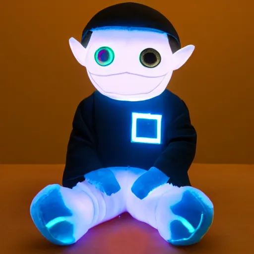 Image similar to cute fumo plush boy who has bioluminescent eyes, jelly glow, emissive bssrdf, pitch black, vray