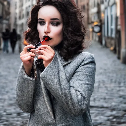 Prompt: A smirking woman in a dark coat lights a cigarette with an ornate gold lighter. She stands in a cobblestone street. The sky is a hazy gray, and her hair resembles a burnished halo. Her eyes are lined with blue kohl that glistens in the light, and her lips are painted red. A chill wind sweeps down the street.