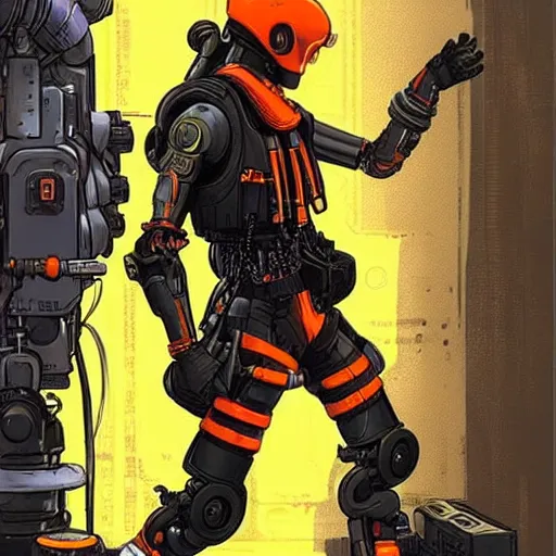 Image similar to cyberpunk mechanic dude with robotic legs. orange and black color scheme. concept art by james gurney and mœbius. apex legends character art