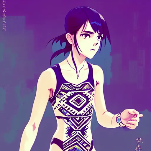 Image similar to a beautiful boyish emma watson alluring instagram model, wearing japanese hiphop aztec leotard outfit with mayan pattern and native style, aztec street fashion bathing suit, botw style, gapmoe yandere grimdark, trending on pixiv fanbox, painted by greg rutkowski makoto shinkai takashi takeuchi studio ghibli, akihiko yoshida