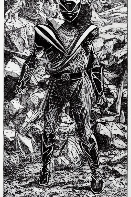 Image similar to a power ranger as a d & d monster, pen - and - ink illustration, etching, by russ nicholson, david a trampier, larry elmore, 1 9 8 1, hq scan, intricate details, high contrast