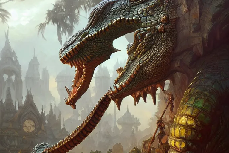 Image similar to the crocodile god statue, deep focus, d & d, fantasy, intricate, elegant, highly detailed, digital painting, artstation, concept art, matte, sharp focus, illustration, hearthstone, art by artgerm and greg rutkowski and alphonse mucha