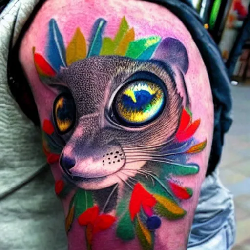 Prompt: shoulder tattoo of a multicolored trippy bushbaby with rainbow colored spiral eyes, long fur in rainbow colors, surrounded with a ring of colorful leaves and flowers, insanely integrate