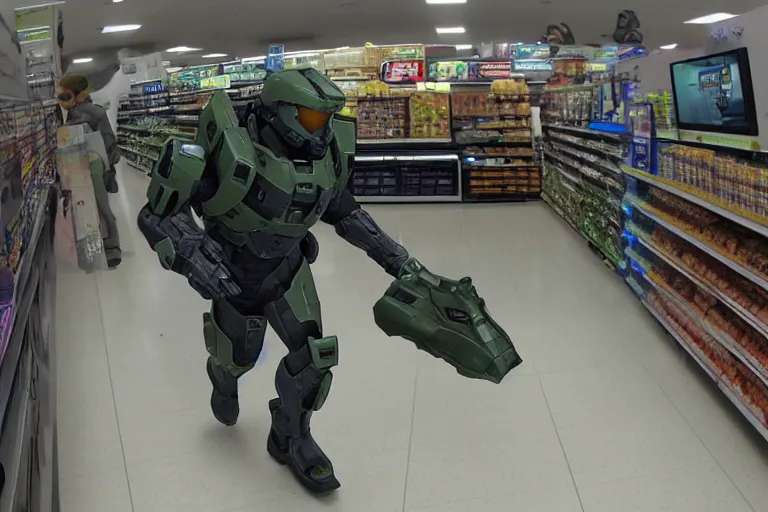 Image similar to halo master chief robbing a walmart, cctv footage, high angle, photorealistic, 8 k