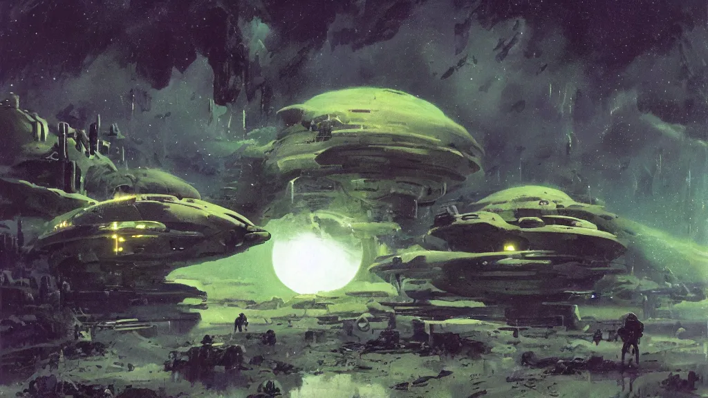 Image similar to eerie atmospheric alien planet with a small dropship pod landing by paul lehr and jack gaughan and john schoenherr, epic cinematic matte painting