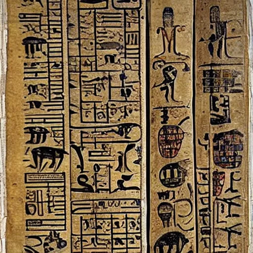 Image similar to papyrus scroll from 6 5 0 bc showing a list of ancient emojis, realistic, clear, detailed, worn w 1 0 2 4 h 4 4 8