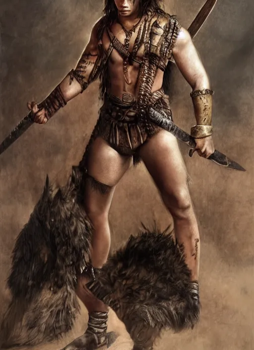Prompt: frank dillane as a barbarian warrior, legendary warrior, tattoos, fur and leather armor, beautiful, realistically detailed shading, 8 k, hyper realistic art, photo realism, robin eley, deviantart
