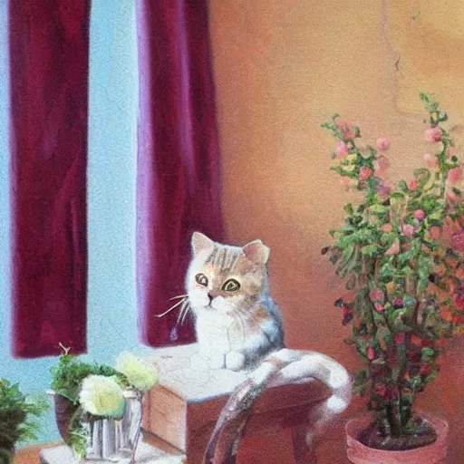 Image similar to very very very very beautiful photo of the cat sitting in provence style interior room, photorealism,