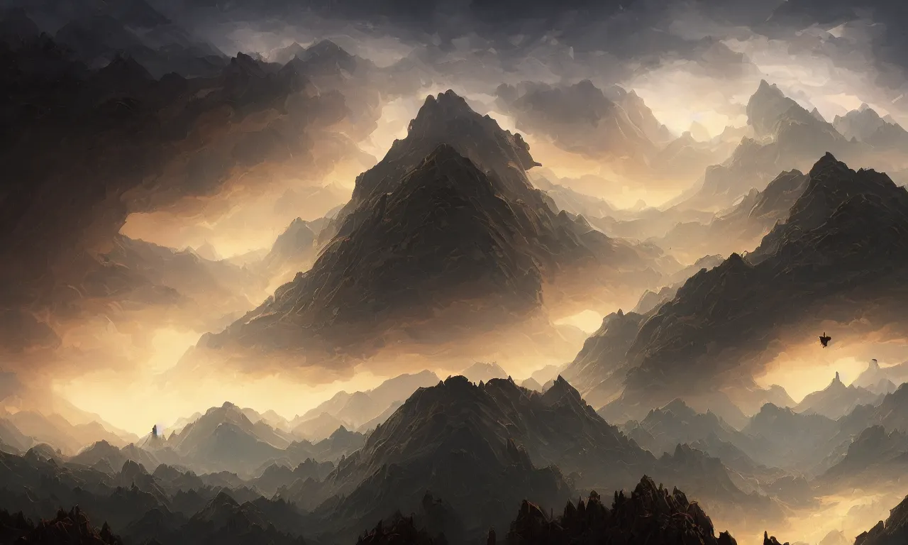 Prompt: breathtaking digital painting of an aerial landscape in luxurious nature, mountains rockas at dawn with roses and golden petals flying, with intricate art nouveau moody dark tumultuous clouds, by anato finnstark and johannes voss, concept art, matte, 8 k,