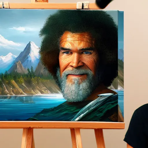 Image similar to a closeup photorealistic photograph of bob ross working on a canvas painting of aquaman. film still. brightly lit scene. mountains and trees. this 4 k hd image is trending on artstation, featured on behance, well - rendered, extra crisp, features intricate detail, epic composition and the style of unreal engine.