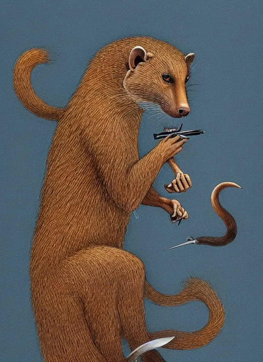 Image similar to a beautiful mongoose stands in a threatening pose with golden eyes, wool with a blue tint and razor - sharp claws, james jean art