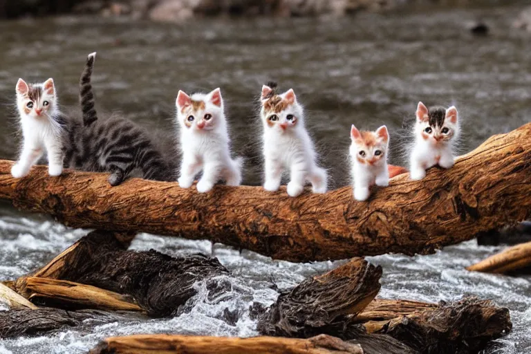 Image similar to kittens walking on a log that crosses a river