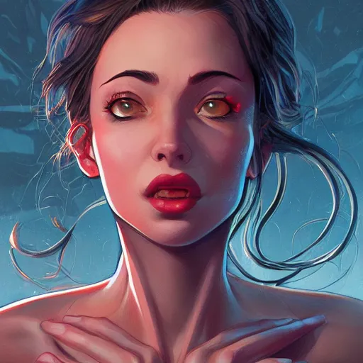 Prompt: wide open wife mouth, close - up, defiant, pin - up, light effect, hyper detailed, intricate, elegant, highly detailed, digital painting, artstation, concept art, matte, sharp focus, illustration, by dan mumford, yusuke murata, makoto shinkai, ross tran