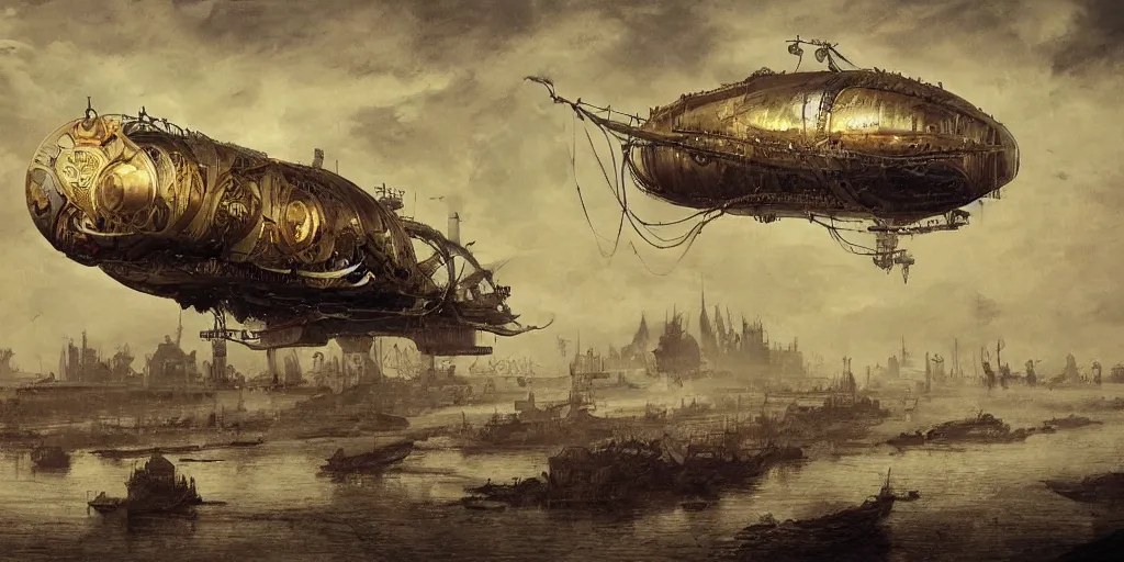 Image similar to a giant floating steampunk airship, by Mikhail Vrubel, trending on artstation