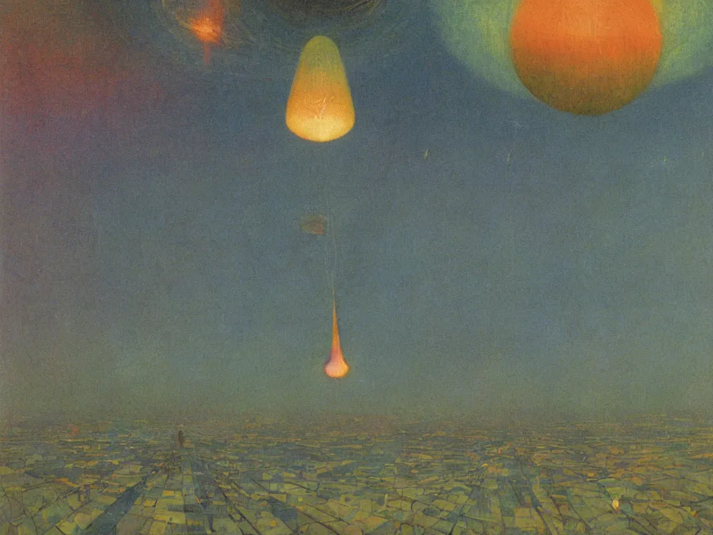 Prompt: study of the psychedelics dream mothership throwing a firefly net over the metropolis of slumber. painting by mikalojus konstantinas ciurlionis, bosch, wayne barlowe, agnes pelton, rene magritte