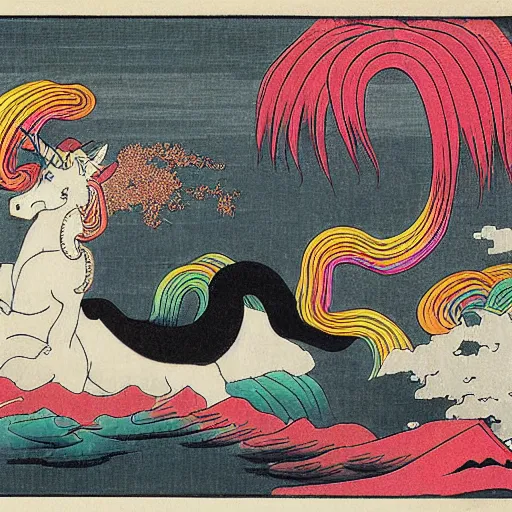 Prompt: A unicorn with rainbow color by Katsushika Hokusai