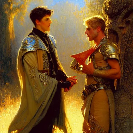 Image similar to attractive arthur pendragon with attractive male merlin the mage. they are in love. highly detailed painting by gaston bussiere, craig mullins, j. c. leyendecker