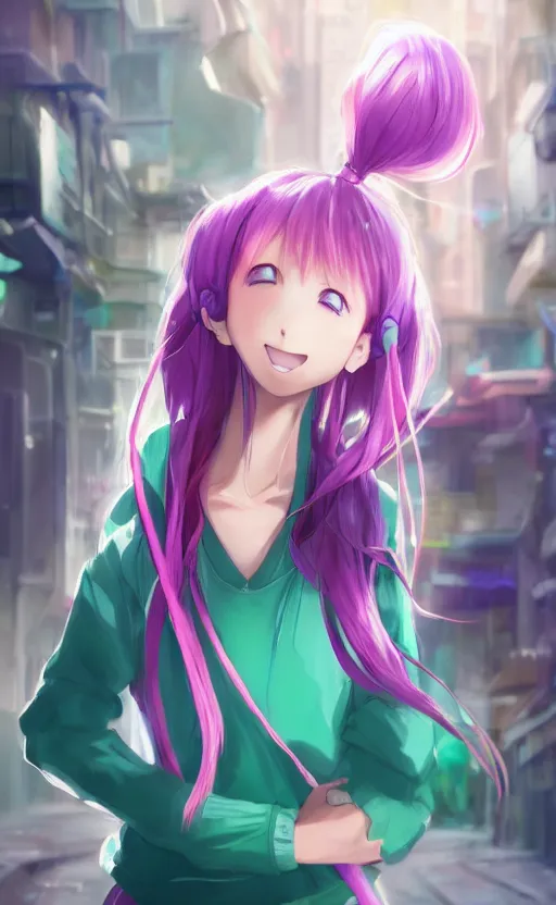 Image similar to anime girl with pink ponytail, wearing purple headphones, wearing a green sweater, with a smile on her face and her eyes closed, walking down a street, dynamic lighting, photorealistic fantasy concept art, trending on art station, very detailed, anime concept art, stunning visuals, creative, cinematic, ultra detailed