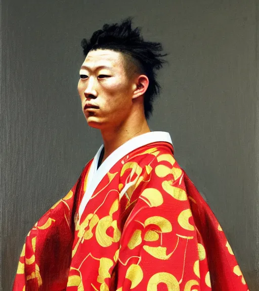 Prompt: official side portrait of a japanese samurai, patrick mahomes, in a kansas city chiefs kimono, 1 8 6 8, a character portrait by cassius marcellus coolidge, reddit contest winner, japanese romantacism, romanticism, oil on canvas, detailed painting, creative commons attribution