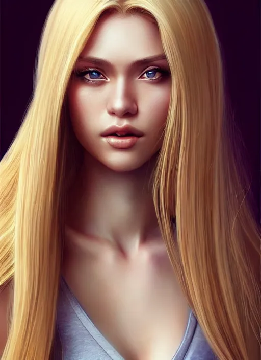 Image similar to a gorgeous female with long blonde hair in the style of stefan kostic, realistic, full body shot, wide angle, sharp focus, 8 k high definition, insanely detailed, intricate, elegant, art by stanley lau and artgerm, floating embers