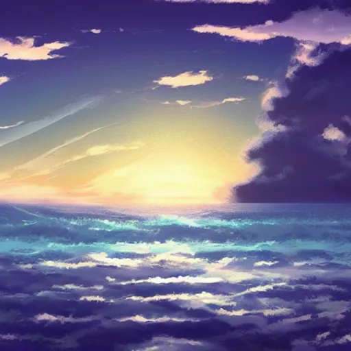 Prompt: a peaceful sea with comfortable clouds ， makoto shinkai style 。 － n 6