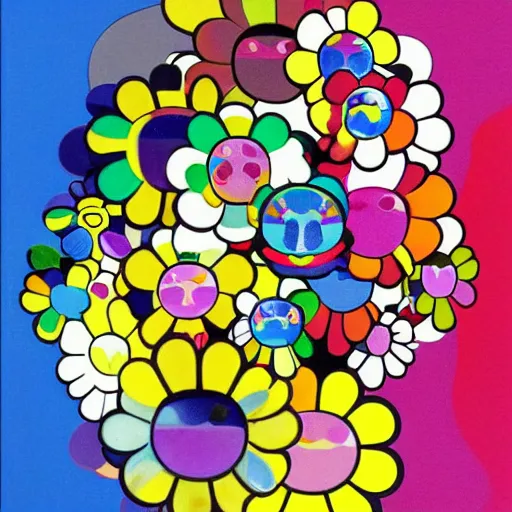 Image similar to silhouette of man's head exploding into flowers, bright colors, Takashi Murakami, Minimalist,