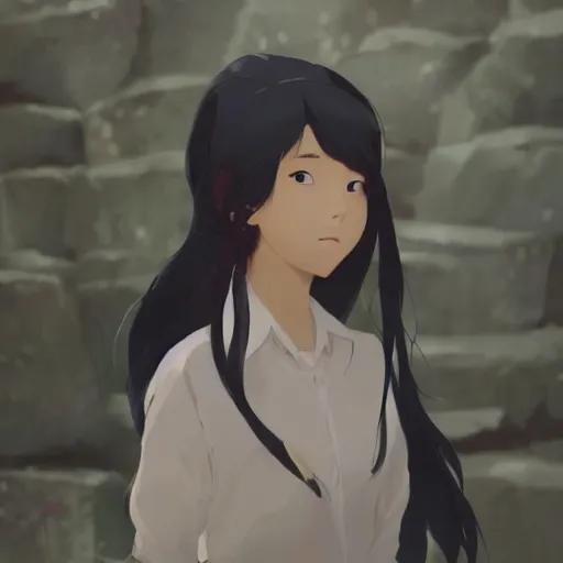 Image similar to beautiful young asian woman with long hair, realistic, detailed, cel shaded, in the style of makoto shinkai and greg rutkowski and james gurney