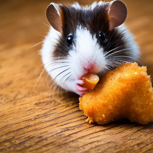 Prompt: a hamster eating a chicken nugget, close up, dslr photo