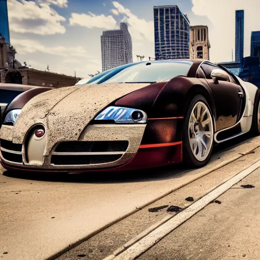 Prompt: photograph of a wrecked bugatti veyron in front of union station in kansas city missouri, dramatic lighting, realistic, 8 k