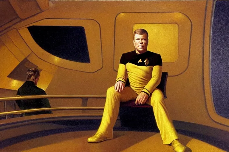 Prompt: young captain kirk ( william shatner ), the handsome captain from star trek, in his gold uniform, sitting in the captain ’ s chair on the bridge of the starship enterprise. he looks smug. oil painting in the style of edward hopper and ilya repin gaston bussiere, craig mullins. warm colors. detailed and hyperrealistic.