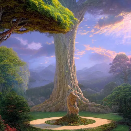 Prompt: A hyper-realistic low angle wide shot matte painting of a single yggdrasil by thomas kinkade and georgio de chirico. Subject in view, symmetrical composition, f11:6, volumetric lighting, dynamic lighting, unreal engine, octane render, trending on artstation and cgsociety