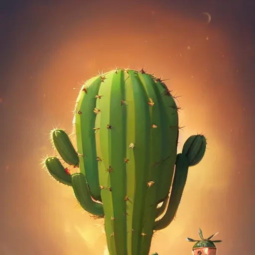 Prompt: cute little anthropomorphic cactus with a high tech brain at its top, character art portrait, matte fantasy painting, deviantart artstation, by jason felix by steve argyle by tyler jacobson by peter mohrbacher, cinema