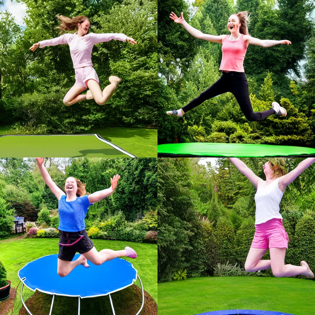 Prompt: Laura Jumping on a trampoline in a garden, award winning, 8k, life, hyper realistic, hd