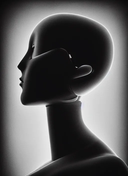 Image similar to a beautiful young female futuristic robot profile face, daguerrotype, closeup - view, f / 2. 8, low contrast, 1 6 k, x - ray, beautiful lighting, reflective, in a symbolic and meaningful style, surreal dreamy poetic