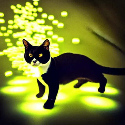 Image similar to A tuxedo housecat with playing with a swarm of glowing nanobots. iphone photograph 35mm. studio lighting. trending on instagram.