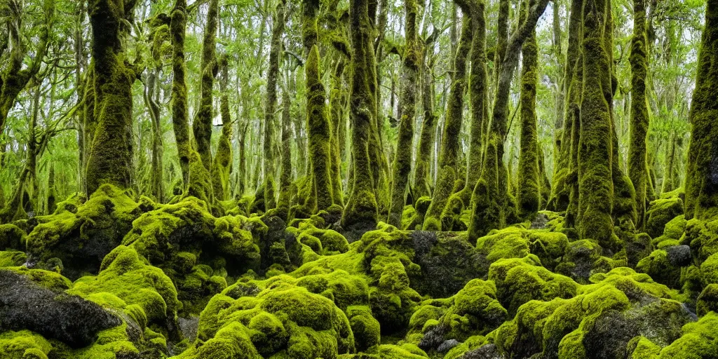Image similar to photo of a landscape with lush forest, wallpaper, very very wide shot, iceland, new zeeland, green flush moss, national geographic, award landscape photography, professional landscape photography, iwagumi design, sharp rocks, ancient forest, sunny, day time, beautiful